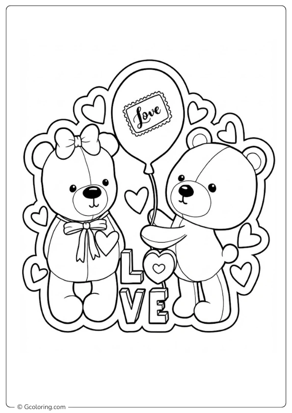 Two teddy bears with a love balloon and hearts Coloring Pages