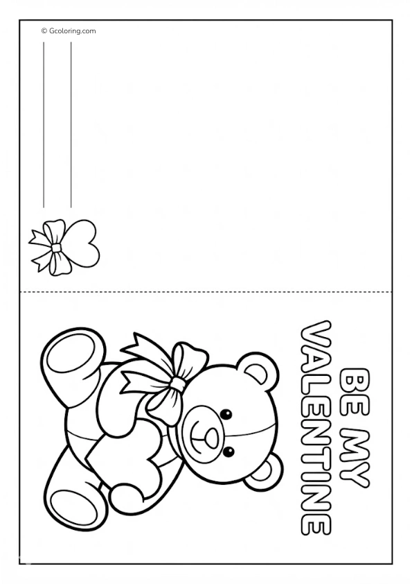 Valentine card with A teddy bear with a bow Text “Be My Valentine” coloring pages