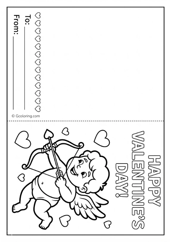 Valentine card with Cupid flying with a bow and arrow coloring pages