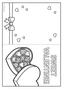 Valentine card with a chocolate box with heart candies coloring pages