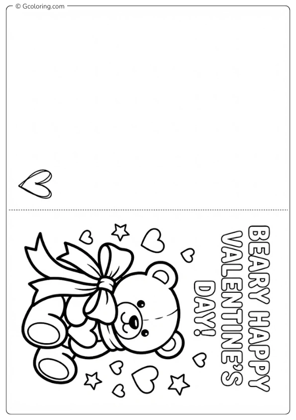Valentine card with cozy teddy bear wrapped in a ribbon coloring pages