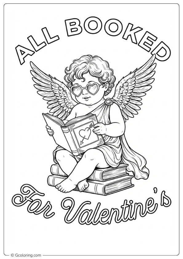cupid sits reading on stacked books coloring pages​