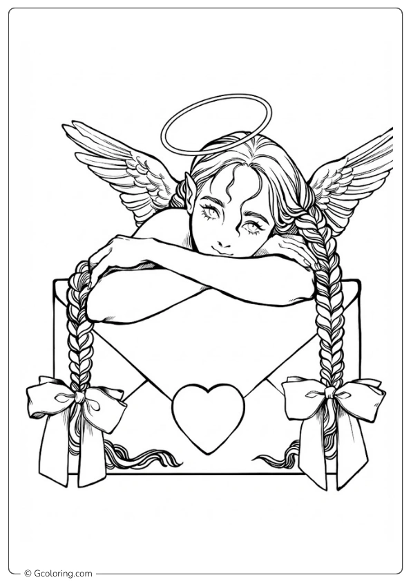 cupid with long braids rests on a love letter coloring pages​