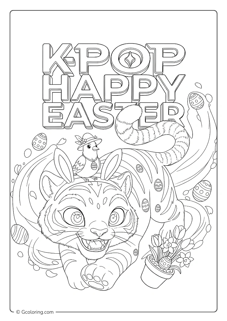 A Kpop demon hunter themed Easter tiger with a bird wearing bunny ears wishes Kpop Happy Easter coloring page