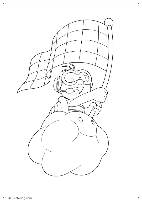 A Lakitu character holding a checkered flag above a kart Coloring Pages
