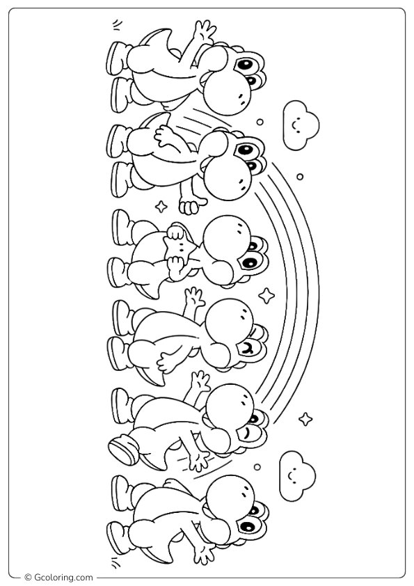 A Rainbow of Different Colored Yoshis Together coloring pages