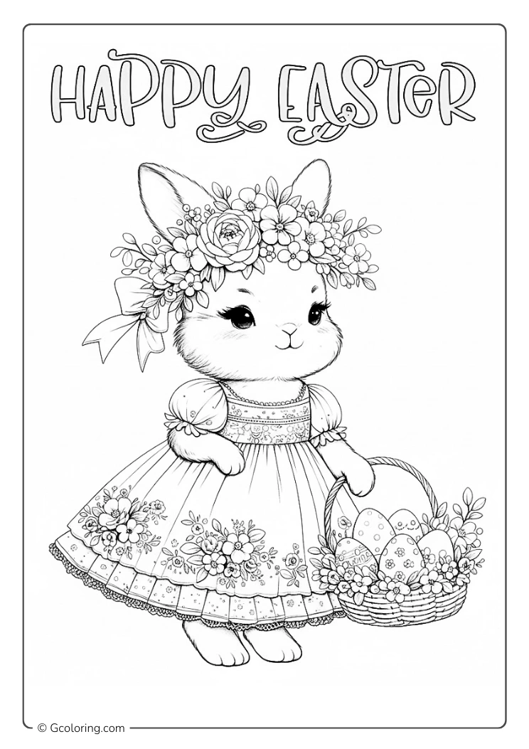 A beautiful Easter Bunny wearing a floral dress coloring page