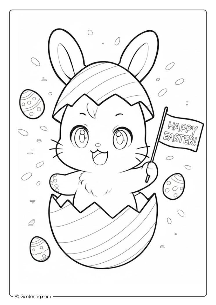 A cheerful Easter Bunny holding a small festive flag coloring page