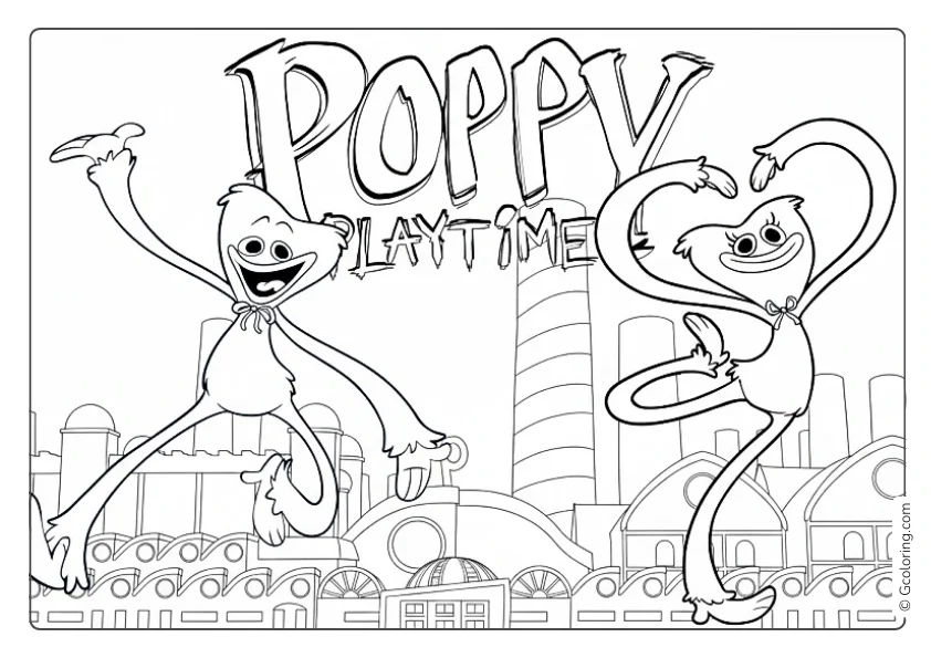 A cheerful Poppy Playtime coloring page featuring Huggy Wuggy and Kissy Missy dancing