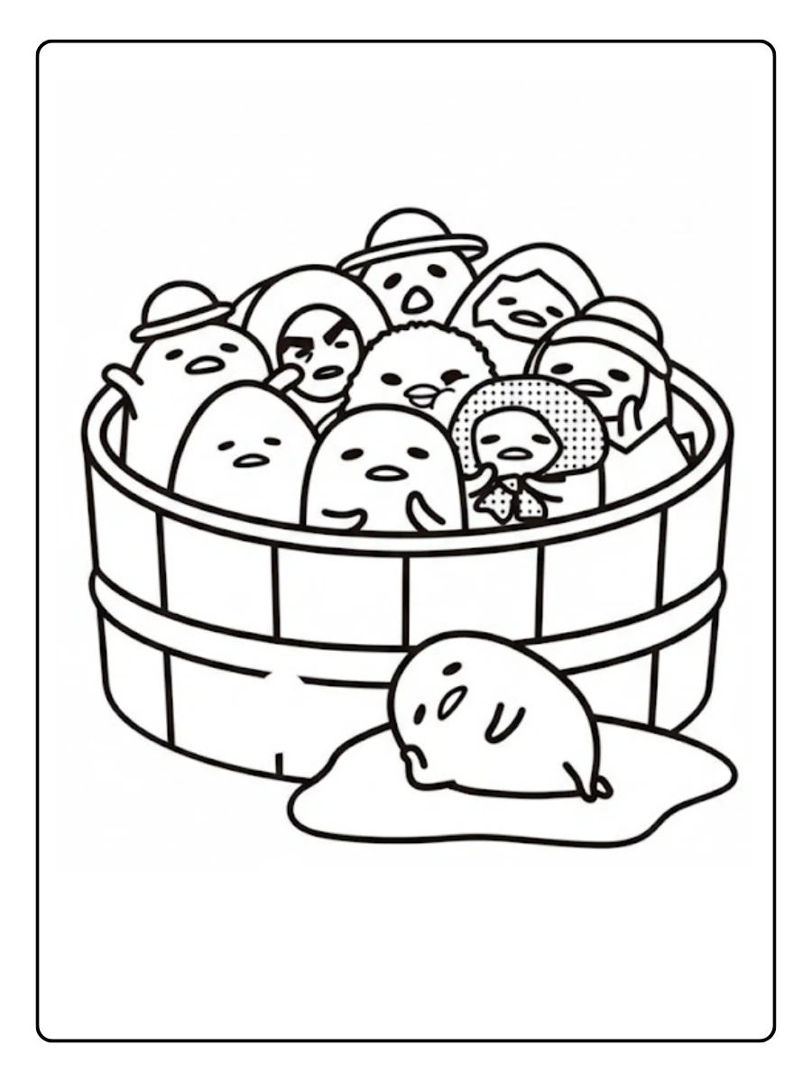 A crowded bucket of various Gudetama characters coloring page