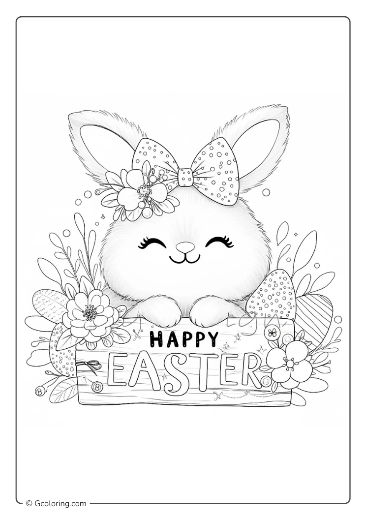A cute Easter Bunny holding a Happy Easter sign coloring page