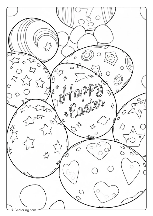 A festive Easter Egg Coloring Pages design featuring Happy Easter text