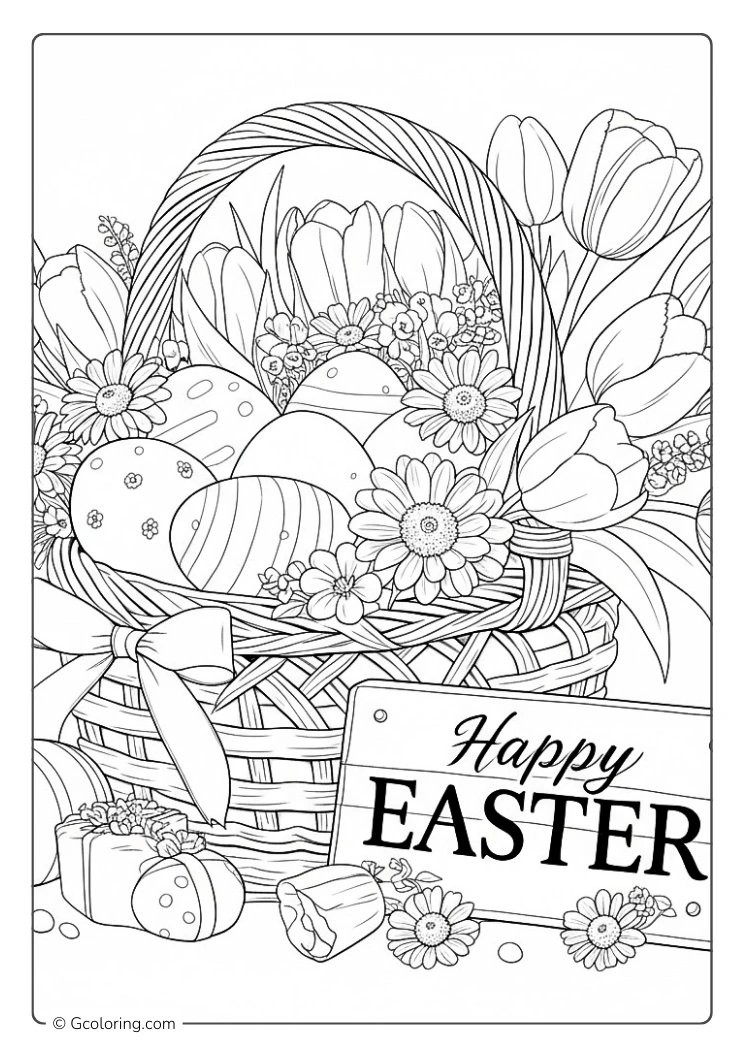 A festive Easter basket coloring page with flowers and a Happy Easter sign