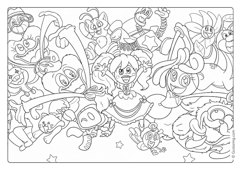 A fun Poppy Playtime coloring page with various characters