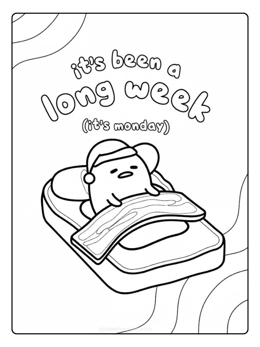 A grumpy Gudetama in bed for a Monday coloring page
