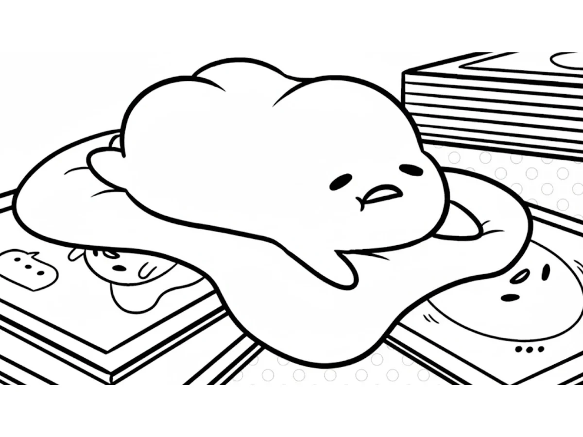 A lazy Gudetama lounging on books coloring page