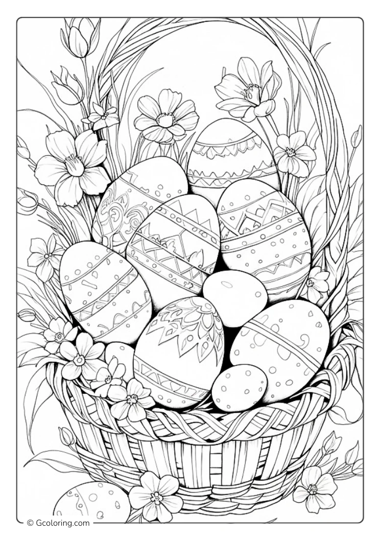 A portrait style Easter basket coloring page with decorative eggs and tulips