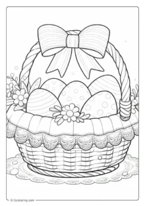 A simple Easter basket coloring page with eggs and a large bow