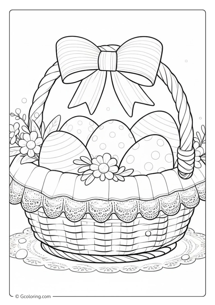 A simple Easter basket coloring page with eggs and a large bow