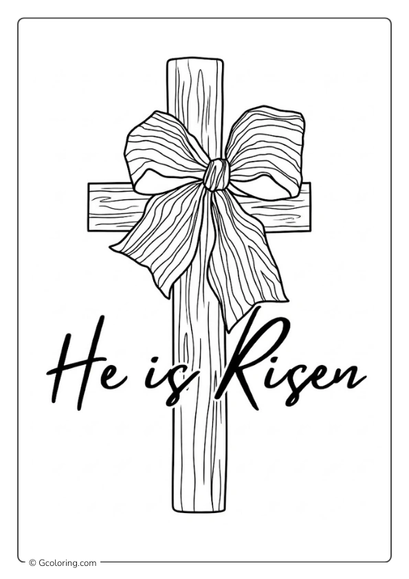 A simple wooden cross He is Risen with a striped bow coloring page