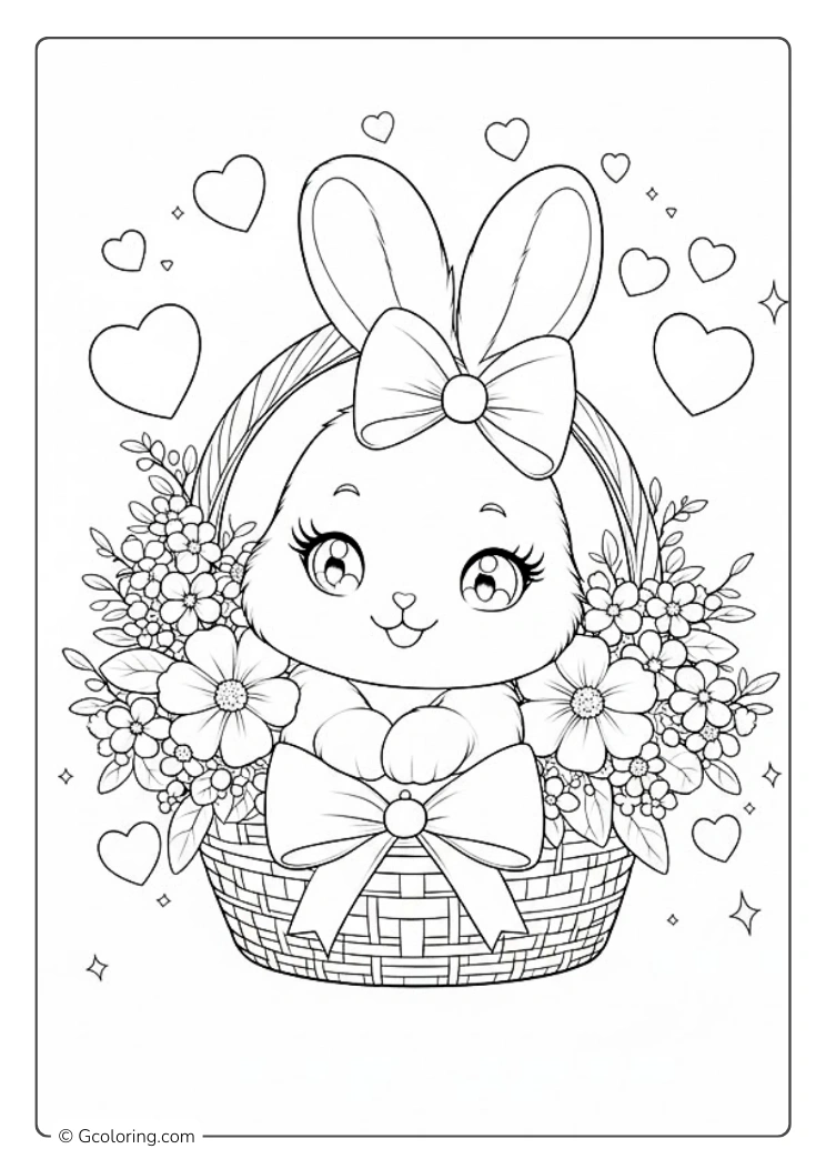 A sweet Easter Bunny sitting in a flower basket coloring page