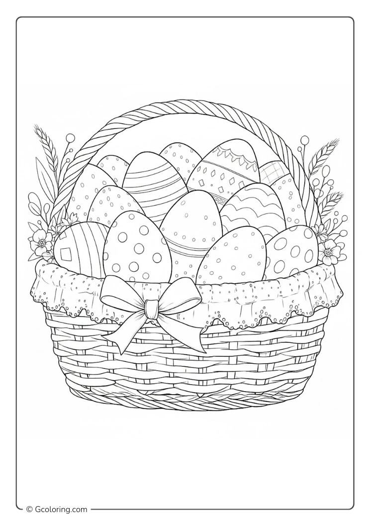 A woven Easter basket coloring page filled with various patterned eggs (2)