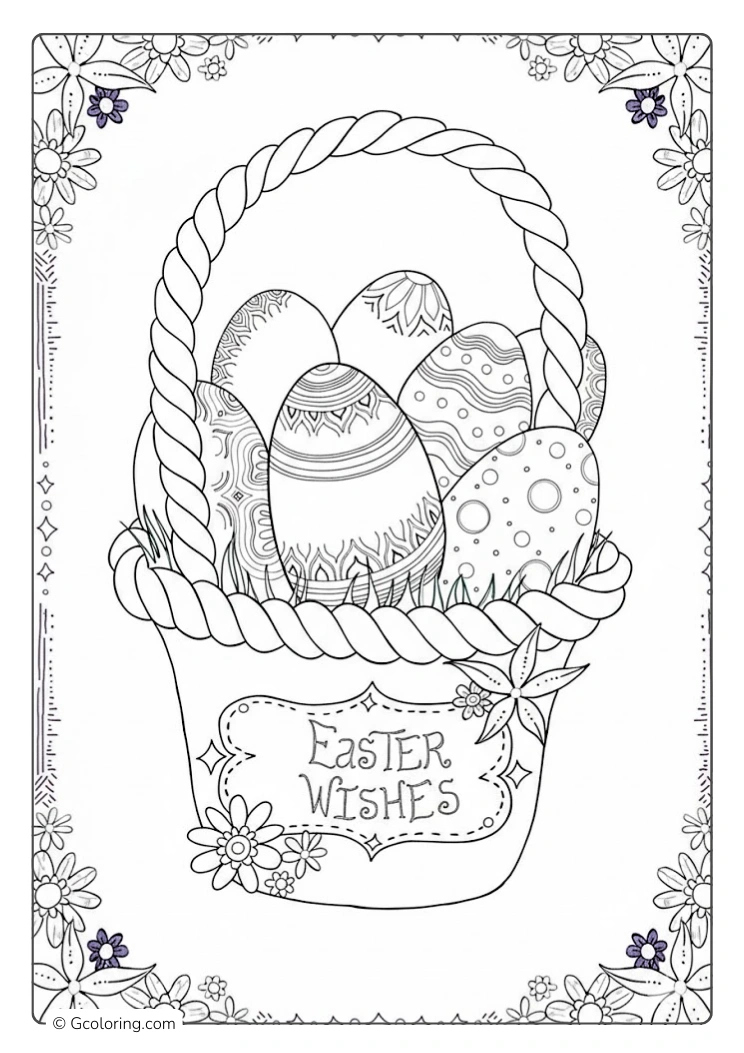 A woven Easter basket coloring page filled with various patterned eggs