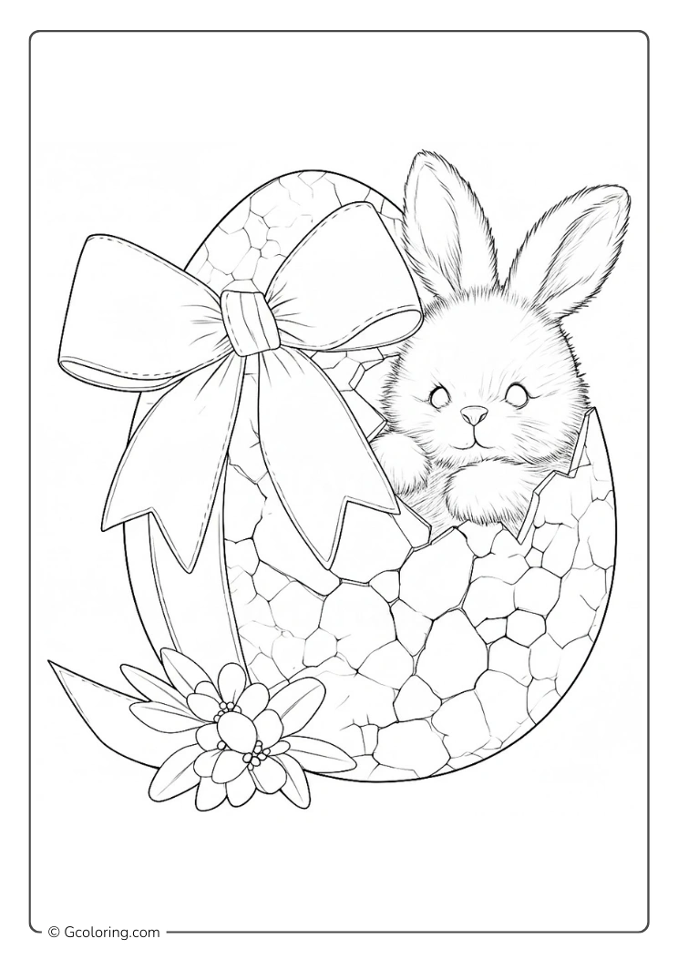 An Easter Bunny peeking out of a large decorated egg coloring page