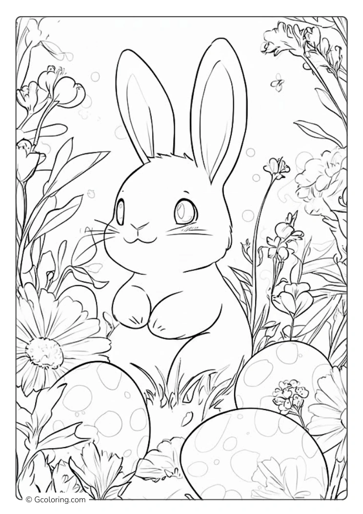 An Easter rabbit sitting among spring flowers and eggs coloring page