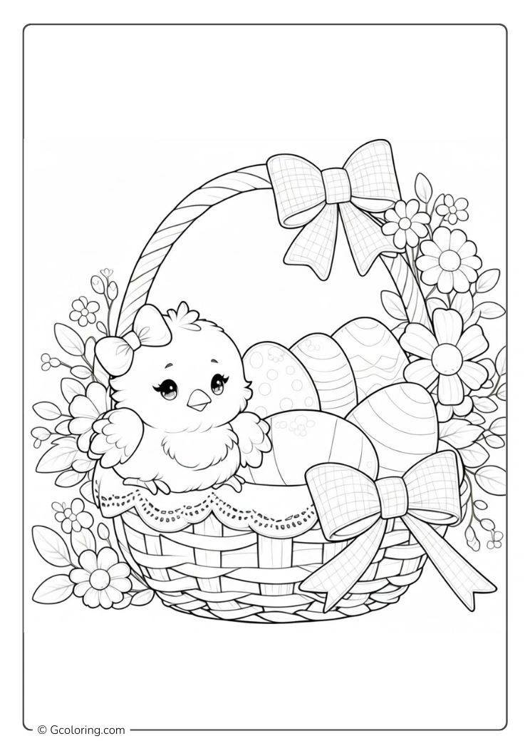An adorable chick sitting in an Easter basket coloring page