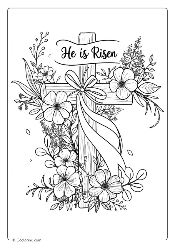 An elegant floral cross with He is Risen text coloring page