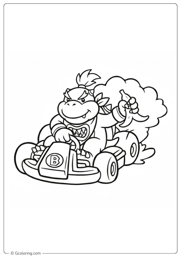 Bowser Jr driving a kart while holding a banana peel Coloring Pages