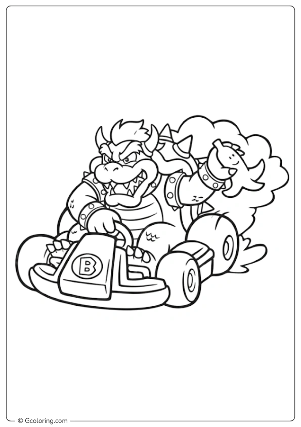 Bowser driving a fast racing kart Coloring Page