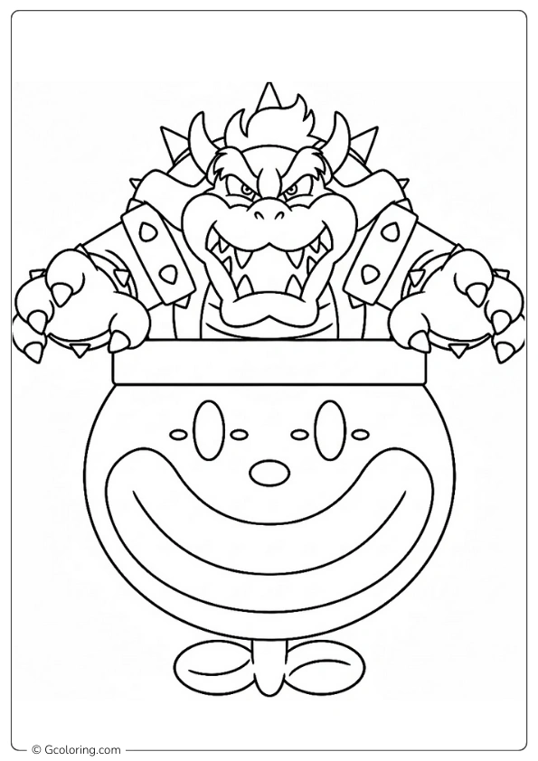 Bowser grinning inside his Koopa Clown Car Coloring Page