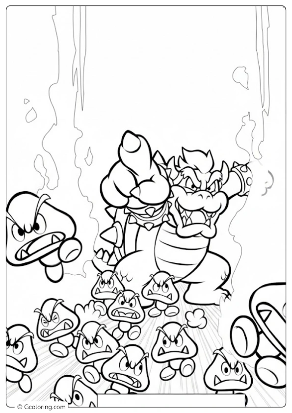 Bowser leading an army of Goombas through flames Coloring Page