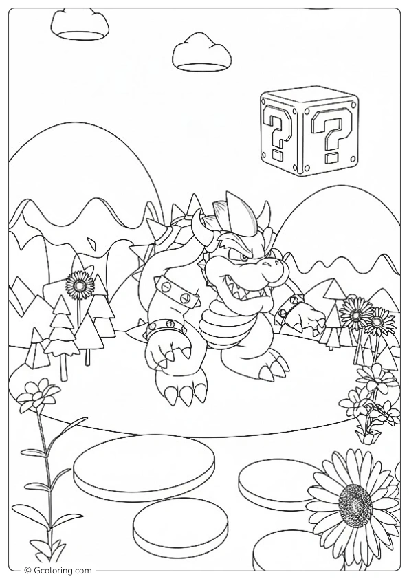 Bowser standing in a classic Mushroom Kingdom landscape Coloring Page