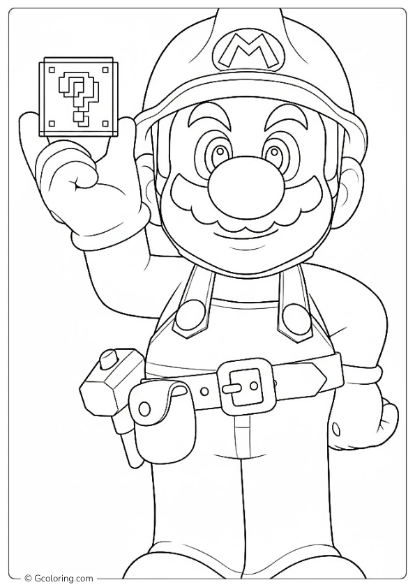 Builder Mario holds a small question block coloring pages