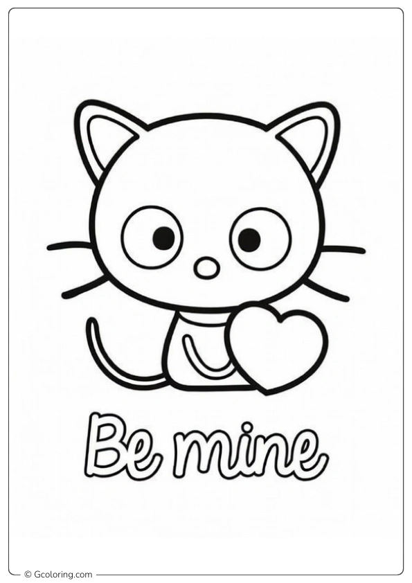 Chococat holds a pink heart saying Be mine coloring page