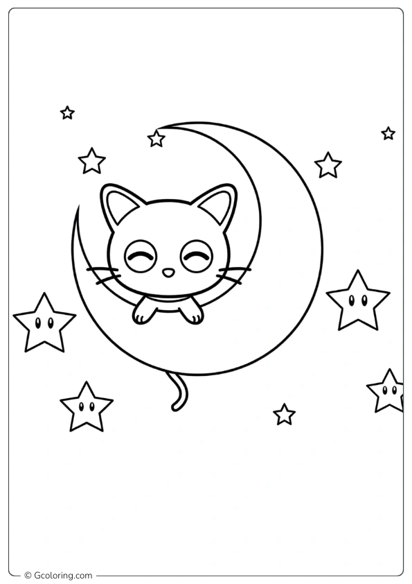 Chococat sleeps peacefully on a crescent moon Coloring Pages