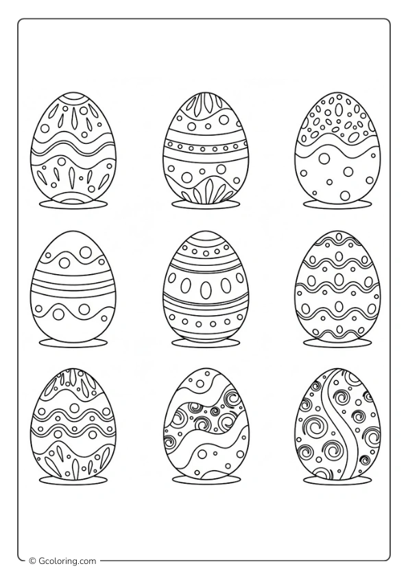 Easter Egg Coloring Pages set with nine geometric patterns