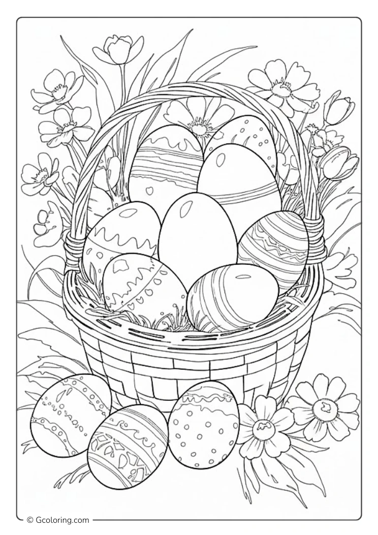 Easter basket coloring page surrounded by spring blooms