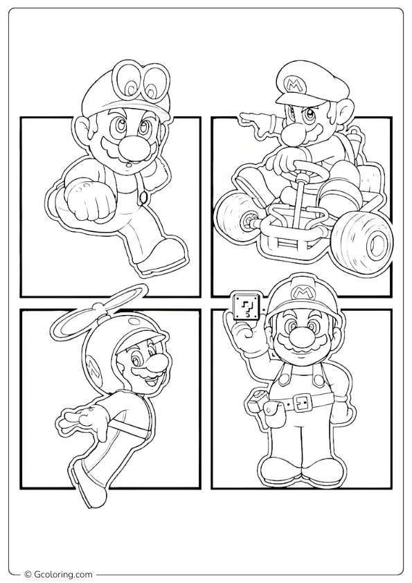Four different poses of Mario coloring pages