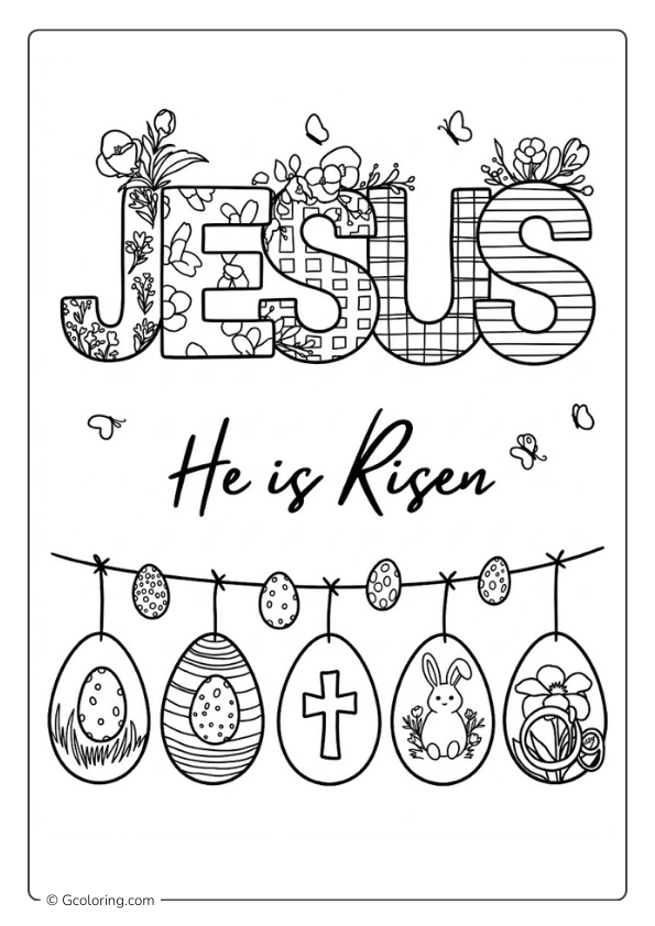 He is Risen coloring page featuring the word JESUS