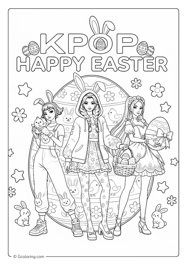 Kpop demon hunter girls in cute outfits celebrate Kpop Happy Easter coloring page