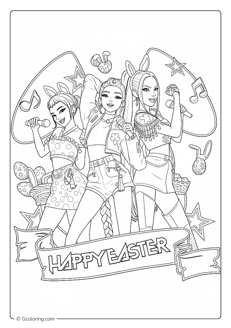 Kpop demon hunter girls in stylish outfits wish Happy Easter with bunny ears coloring page