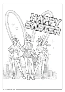 Kpop demon hunter girls sing Happy Easter with microphones and bunny ears coloring page