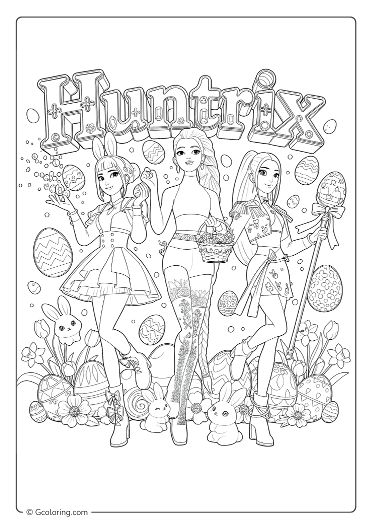 Kpop demon hunter girls with Easter eggs, bunnies, and Huntrix above them coloring page