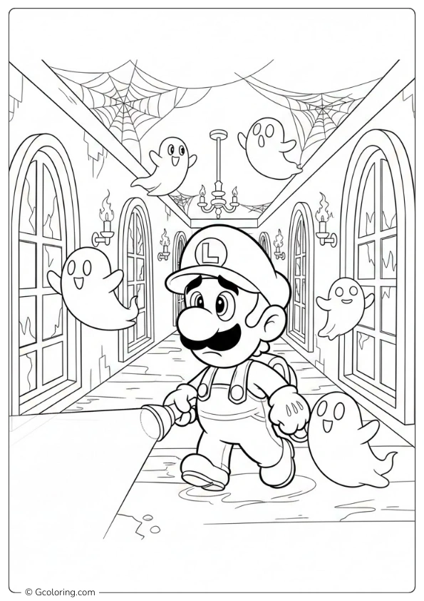 Luigi Exploring a Haunted coloring pages