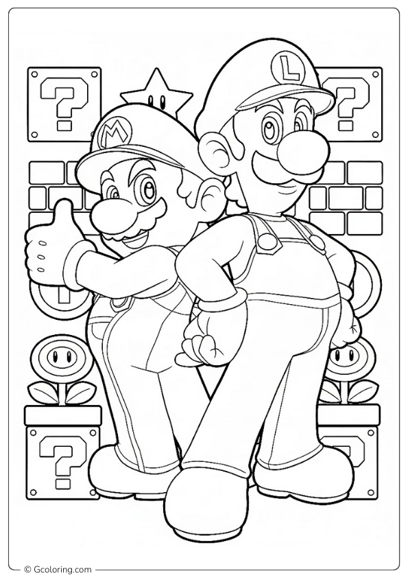 Luigi and Mario are standing together coloring pages