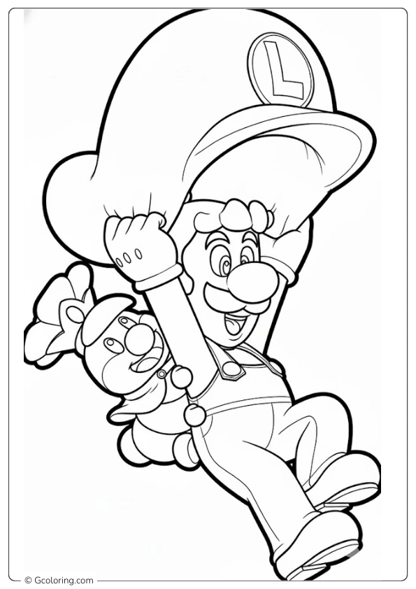 Luigi flying with a giant hat coloring pages
